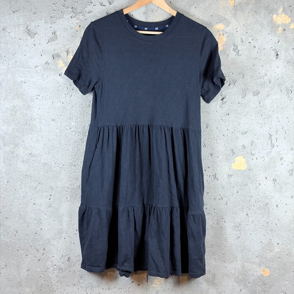Gap Mini Swing Dress Women's XS Black Pleated Tiered Short Sleeve Round Neck